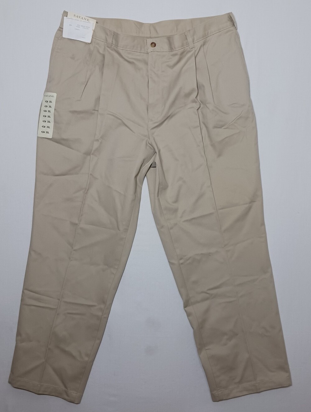 Savane Mens Classic Fit Khaki Pants 42X30 Beige Pleated NWT